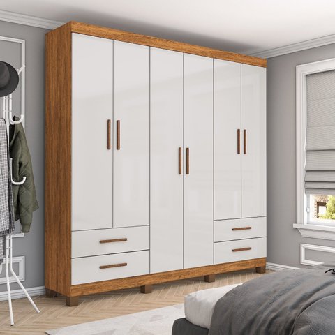 Guarda-Roupa 6 Portas 4 Gavetas com Pés Genova Off White/Cinamomo