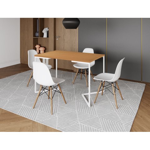 Mesa de Jantar Industrial Base Ferro Branco em  V  Tampo 137x90 Canela 4 Cadeiras Eames Madeira Asse