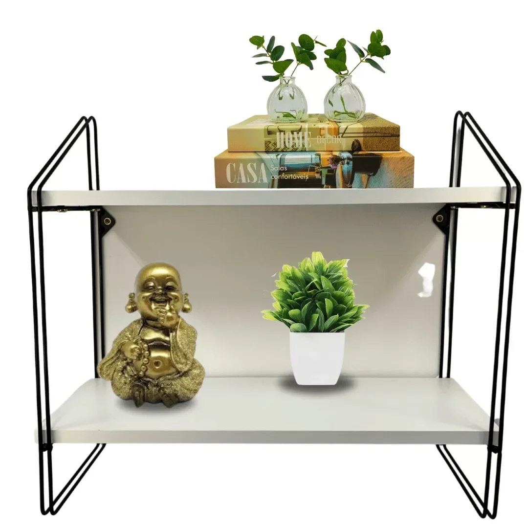 Ver imagem 1 de Nicho Prateleira Dupla 16 Cm X 49 Cm - Luxo Branca C/suporte Preto