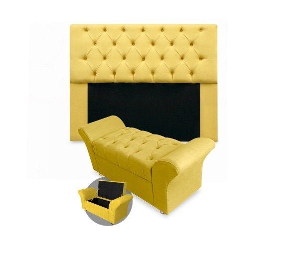 KIT CABECEIRA LADY COM CALÇADEIRA BAÚ VENEZA KING 195cm SUEDE AMARELO - BELA CASA SHOP - 1