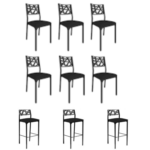 Kit 6 Cadeiras e 3 Banquetas Luiza Gourmet-Assento Corino preto