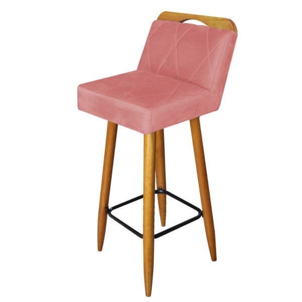 Banqueta Decorativa Alta França Suede Rose Com Encosto Para Cozinha Bar Balcão Bistrô Pés - 4