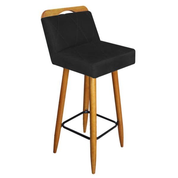 Banqueta Decorativa Alta França Suede Preto Com Encosto Para Cozinha Bar Balcão Bistrô Pés - 1