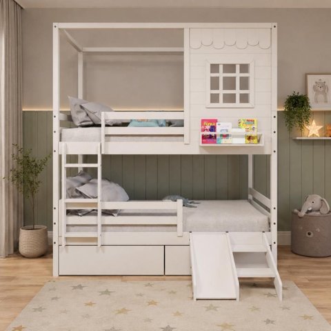 Beliche Solteiro com Gavetas Infantil Casinha Reta com Escorregador Madeira Maciça Branco