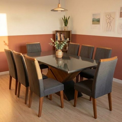 Conjunto Mesa de Jantar com 8 Cadeiras em Madeira Maciça e Tampo de Vidro Temperado 200x82x90cm