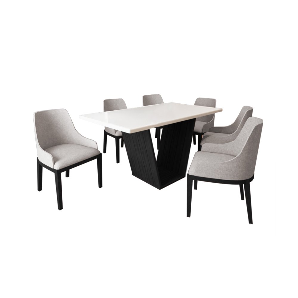 Mesa de Jantar 1,6m Safira Off White com 6 Cadeiras Elisa Linho Bege Madeira Maciça Preto - 2