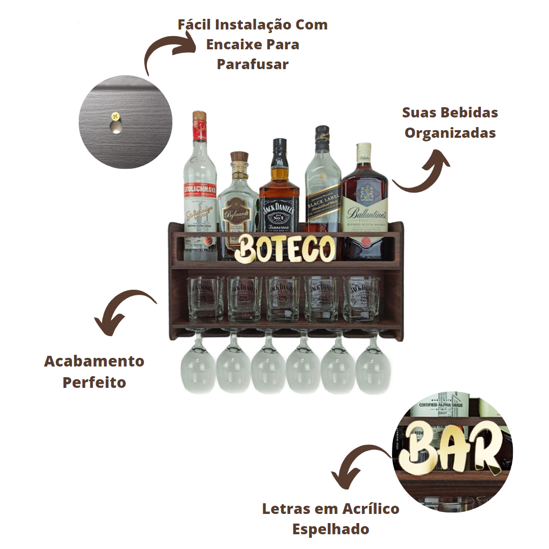 Barzinho de Parede Aparador Para Bebidas Para Sala Tema Boteco - 49x26 Cor Louro Preto - 2