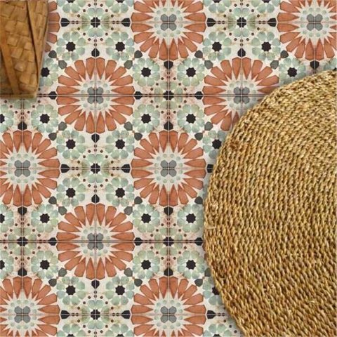 Adesivo Piso Ladrilho Floral Marroquino Lavável Antiderrapante