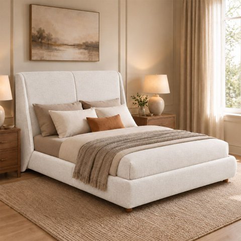 Cama Japonesa com Cabeceira Louvre Seo Casal Linho Off White - Sallar Home