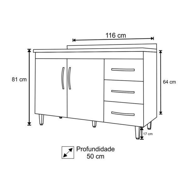 Balcão Isabel 120cm Branco 2 Portas 3 Gavetas sem Tampo - Ajl Móveis - 5