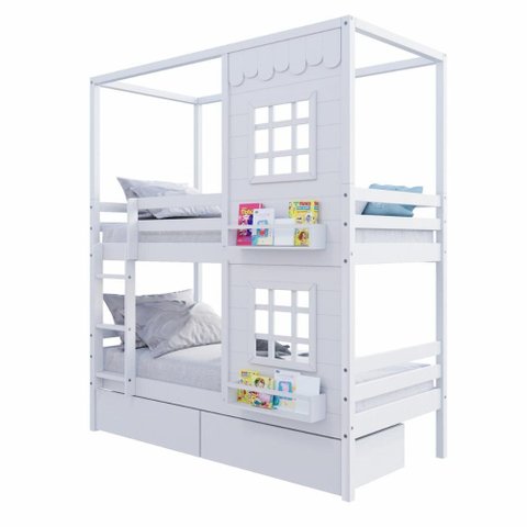 Beliche Infantil Casinha Reta com 02 Janelas e 02 Gavetas Madeira Maciça Branco Megamobilia