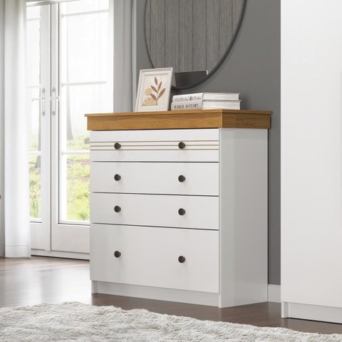 Cômoda England em MDF 89,8x92,5cm com 4 Gavetas Branco/Freijó ENG44