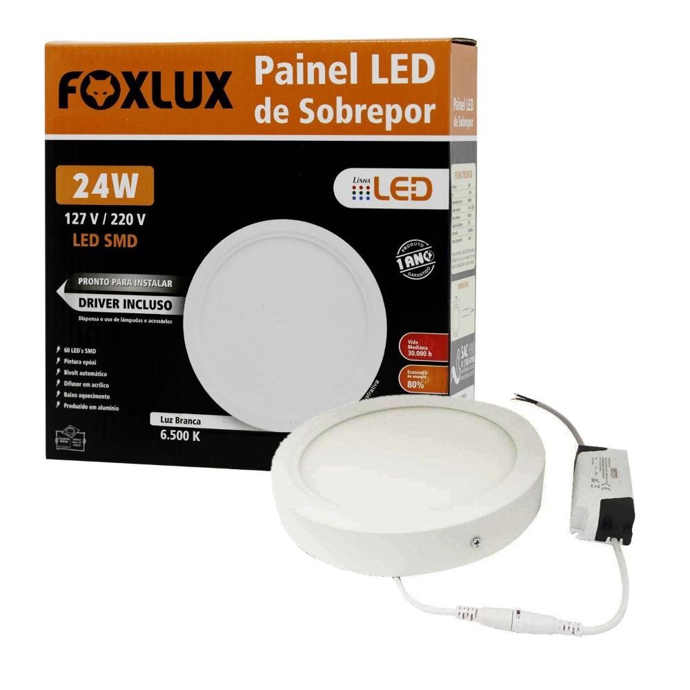 Painel de LED Downlight Redondo de Sobrepor 24W Luz Branca 6500K Bivolt – Foxlux