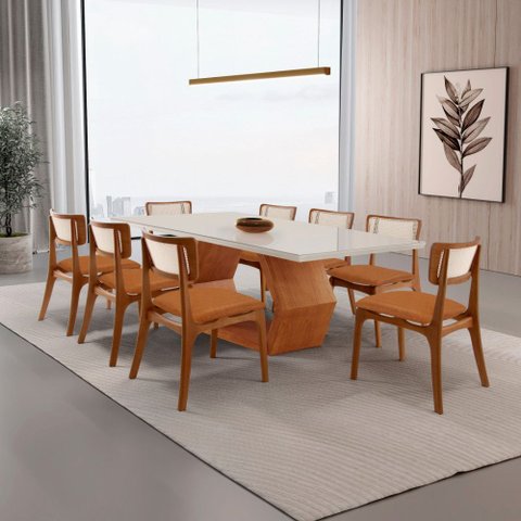 Sala de Jantar Mesa Ane 220cm Tampo Laqueado com Vidro Canto Moeda com 8 Cad Viena