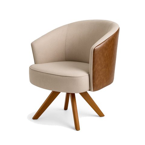 Poltrona Julia Giratoria com Couro Pes Madeira - Luxo Decor Bege/couro