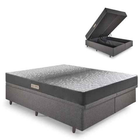 Cama Baú Casal 138x188 Bipartido Linho Cinza com Dual Firm Espuma Ecoflex
