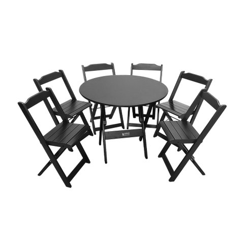 Conjunto Dobrável Mesa de Madeira 90cm Redonda com 6 Cadeiras Preta - Tarimatã