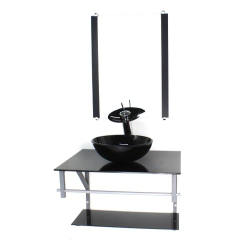 GABINETE DE VIDRO PARA BANHEIRO 60CM AC CUBA REDONDA PRETO FULL COM TORNEIRA CASCATA