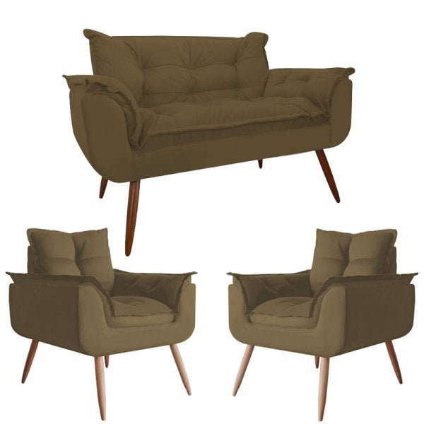 Conjunto 2 Poltronas Opala e 1 Namoradeira Pés Palito Suede Marrom Modek - 1