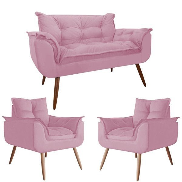 Conjunto 2 Poltronas Opala e 1 Namoradeira Pés Palito Suede Rose Modek - 1