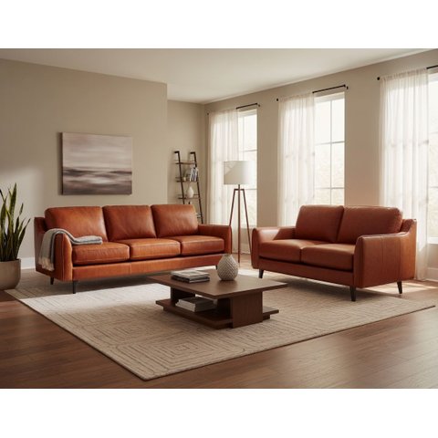 Conjunto Sofá 3 e 2 Lugares Couro Natural Cor Conhaque