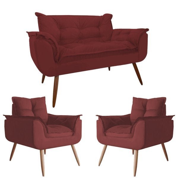 Conjunto 2 Poltronas Opala e 1 Namoradeira Pés Palito Suede Bordô Modek - 1