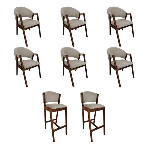 Kit 6 Cadeiras de Jantar Helen com 2 Banquetas Ana Madeira Maciça Mel Premium Linho Bege