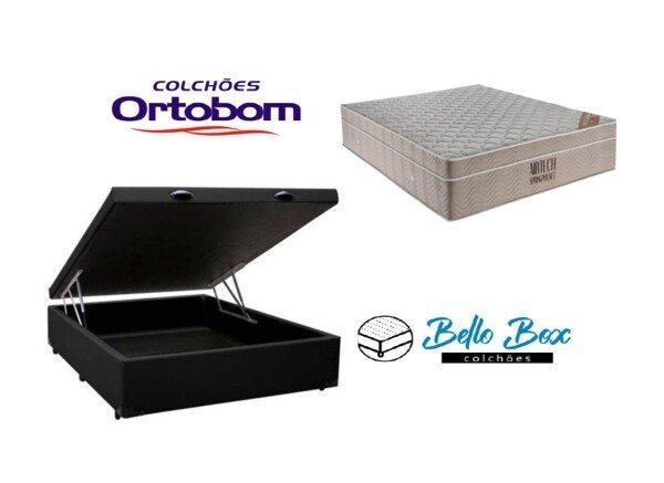 Cama Box Baú Casal 138 Suede Preto com Colchão Ortobom Airtech Spring Pocket D26 Bege 70x138x188 - 1