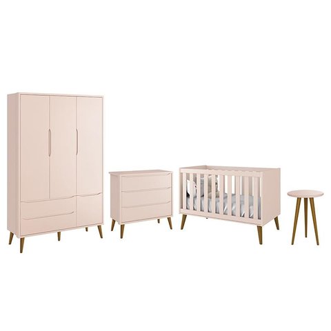 Dormitório Infantil Theo Retrô 3 Portas, Cômoda, Berço e Mesa de Apoio Rosa com Pés Amadeirado - Rel