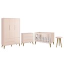 Ver imagem 1 de Dormitório Infantil Theo Retrô 3 Portas, Cômoda, Berço e Mesa de Apoio Rosa com Pés Amadeirado - Rel