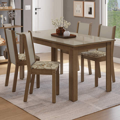Conjunto Sala de Jantar Magnólia Mesa Tampo de Vidro 4 Cadeiras Rustic/Crema/Lírio Bege Madesa