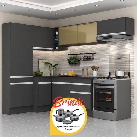 Cozinha Completa de Canto Veneza Mp2087 Multimóveis Preto/branco + Brinde Jogo de Panelas Tramontina