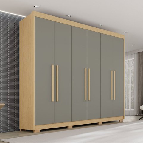 Guarda Roupa Casal com Pés 6 Portas 6 Gavetas 100% MDF Itália Plus Cinza/Jequitibá/Granizo