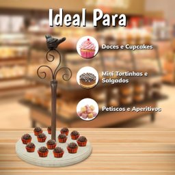 Suporte Doce Cupcake Ferro Marrom Pássaro Arabesco Prato Madeira Elegância Rústica Sofisticação Idea - 5