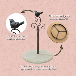 Suporte Doce Cupcake Ferro Marrom Pássaro Arabesco Prato Madeira Elegância Rústica Sofisticação Idea - 4