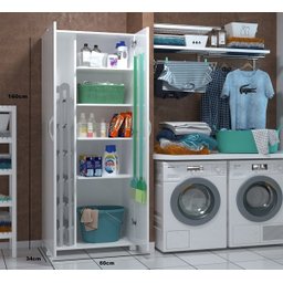 Armário Multiuso Lavanderia 2 Portas Branco 160x60cm – Ajlstore | 4 Prateleiras e Espaço Lateral - 5