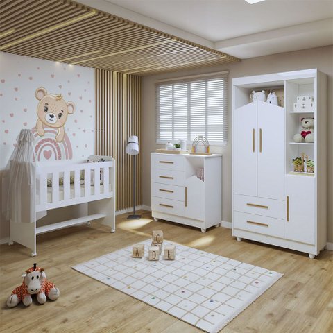 Quarto de Bebê Completo 100 Mdf com Guarda-roupa, Cômoda e Mini Berço Estelar Tigus Baby