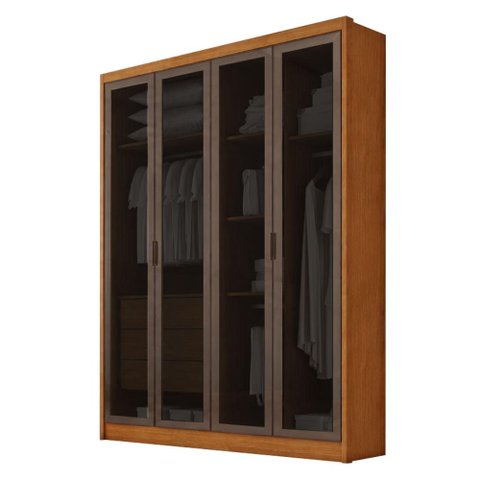 Guarda Roupa Casal Sevilha 4 Portas com Vidro Reflecta e 3 Gavetas Cinamomo Fendi Fosco - Novo Horiz
