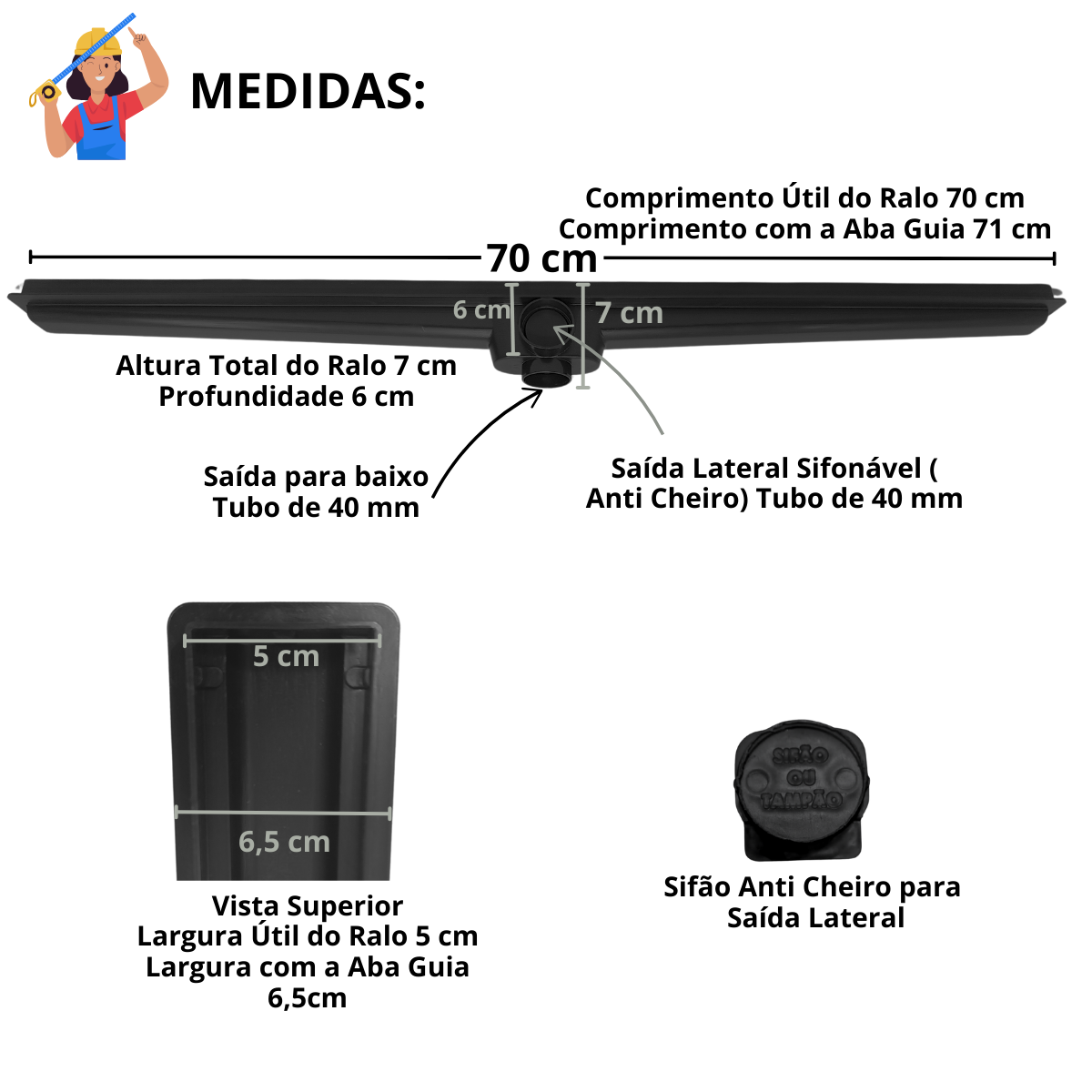 Ralo Linear 5x70 Banheiro Inox Oriente Coletor Preto Saídas 40mm com Tela (5cm X 70cm) - 6