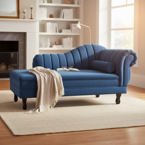 Recamier Decorativo Divã Amsterdã 147cm Lado Esquerdo Couro Azul Marinho