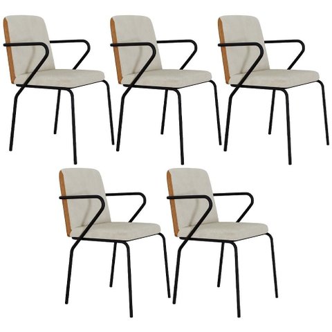 Kit 05 Cadeiras Estofada para Sala de Jantar com Braço Loft Preto C01 Bouclê Vanilla Courino