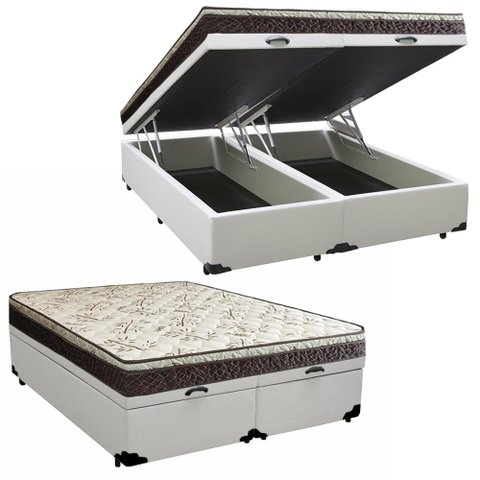 Cama Box Baú Queen Sintético Bipartido + Colchão Elegance Ortopédico Espuma D33 Extra Firme 63x158x1