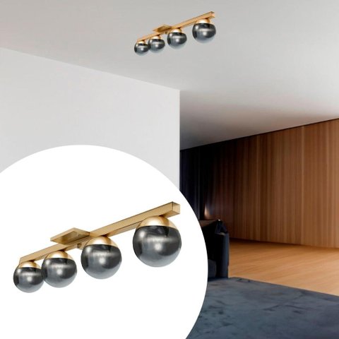 Pendente Lustre Plafon Sobrepor Jabuticaba Dourado com 4 Globo Vidro Fumê
