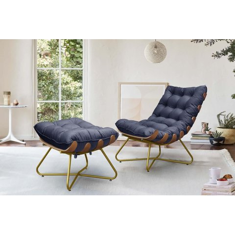 Poltrona Costela Decorativa com Puff Madeira Eva Dourado Azul
