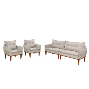 Sofá 2.10m com 2 Poltronas Decorativas Barcelona Evidence Linho Bege