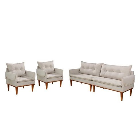 Sofá 2.10m com 2 Poltronas Decorativas Barcelona Evidence Linho Bege