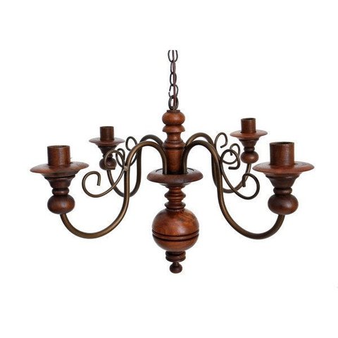 Lustre Luminária 4 Lâmpadas em Ferro e Madeira Torneada Rústico para Sala e Cozinha Natural