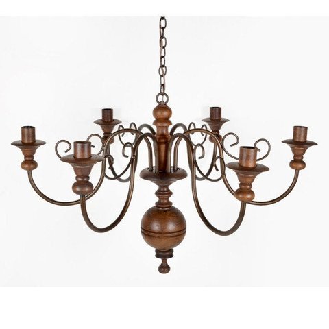 Lustre Luminária 6 Lâmpadas em Ferro e Madeira Torneada Rústico ​para Quarto e Sala de Estar Natural