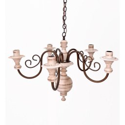 Lustre Pendente 5 Lâmpadas Ferro e Madeira Torneada Rústico ​para Quarto e Sala de Jantar Branco - 2