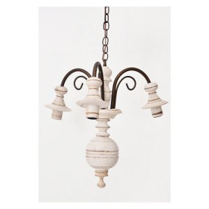 Lustre Pendente Invertido 3 Lâmpadas Ferro e Madeira Torneada Rústico Quarto e Sala de Estar Branco